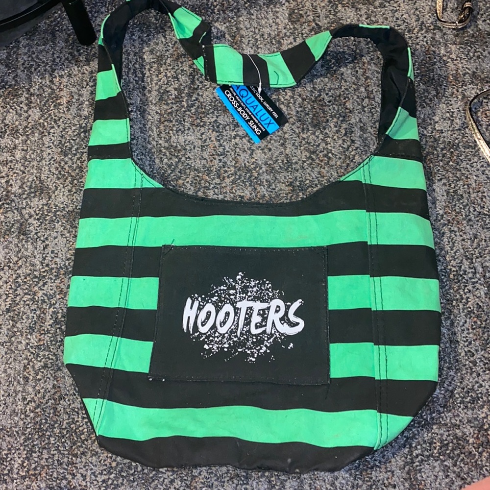 Hooters Black and Green Striped Crossbody Tote